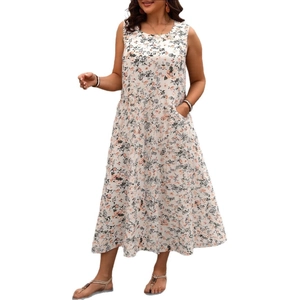 Sleeveless A-line floral maxi dress with pockets in orange and black tones