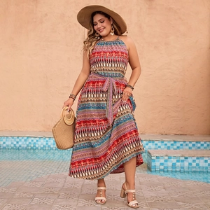 Bohemian floral halter neck maxi dress with waist tie for summer outdoor vacation