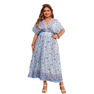 Plus size light blue V-neck maxi dress with bohemian paisley print and short sleeves