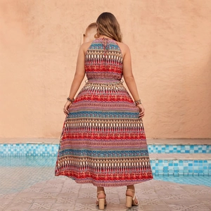 Bohemian printed halter neck maxi dress with ethnic geometric patterns for women