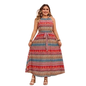 Bohemian floral halter neck sleeveless maxi dress with drawstring waist for summer vacation