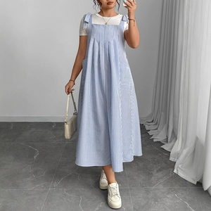 Women Plus Size Blue Striped Pinafore Dress Matching White T-Shirt Bow Shoulder Strap Pocket Sleeveless Maxi Sundress