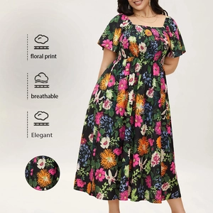Women Plus Size Floral Print Maxi Dress Square Neck Smocked Short Puff Sleeve High Waist A-Line Summer Boho Long Dress