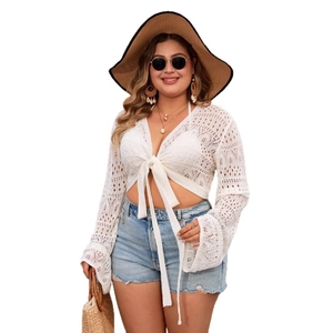 Women's white crochet beach cover-up with bell sleeves and lace hollow-out design