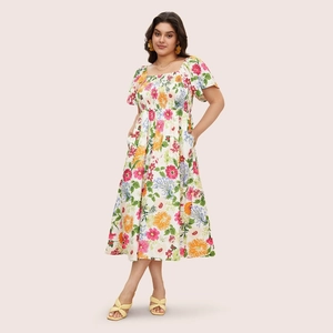 Floral square neck maxi dress with puff sleeves and vibrant flower patterns
