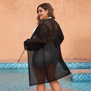 Women's long sleeve black knit beach cover up cardigan with stylish mesh design