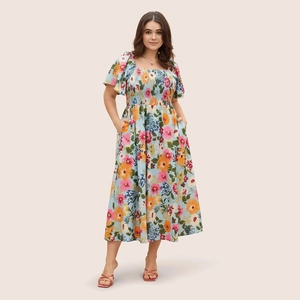 Floral print summer maxi dress with square neck, puff sleeves, and elastic high waist