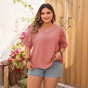 Women's plus size coral pink lace V-neck t-shirt with hollow crochet short sleeves
