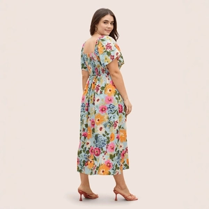 Women's light blue square neck floral maxi dress with short sleeves and smocked waist