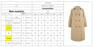 Size chart detail for double-breasted trench coat with 0XL-4XL measurements and fabric info