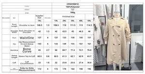Size chart and measurement guide for women's plus size khaki long sleeve trench coat