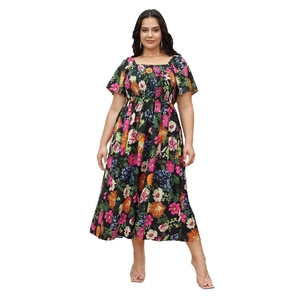 Women's plus size floral print dress with square neck and smocked bodice for summer