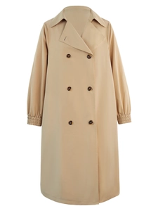 Detail of classic double-breasted trench coat showing lapel and elastic cuffs