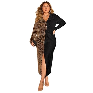 Plus size long sleeve deep V-neck dress featuring leopard patchwork and side slit
