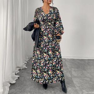 Elegant Plus Size Floral Maxi Dress V Neck High Waist Lantern Long Sleeve Bohemian Print Flowy Long Dress For Women