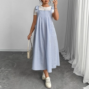 Casual blue and white striped pinafore maxi dress with bow straps and pockets