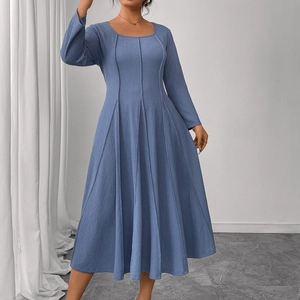Damen Übergröße Langarm Midikleid Elegant Karree-Ausschnitt Hohe Taille A-Linie Strukturierte Einfarbig Herbst Kleid