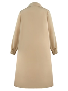 Back view of a beige long trench coat featuring elasticated cuffs and a turn-down collar