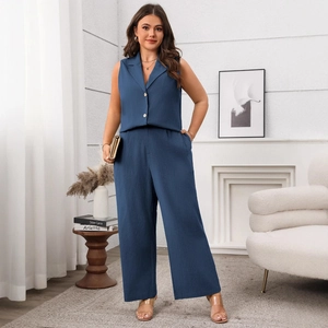Women's chic dark blue two-piece set featuring sleeveless vest and high waist wide leg pants