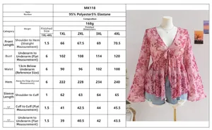Detailed size chart for floral V-neck flared sleeve top with measurements from 1XL to 4XL