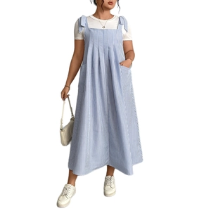 Blue and white striped plus size pinafore dress with dual pockets and a loose fit