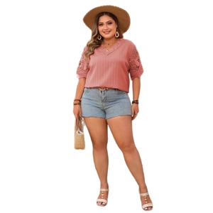 Women's plus size V-neck top with lace sleeves and denim shorts summer outfit set