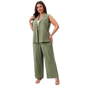 Women's two-piece linen set with sleeveless v-neck button vest and wide-leg trousers in green