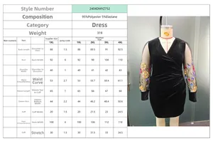 Detailed size chart for V-neck velvet dress with mesh sleeves and floral embroidery