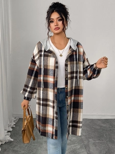 Detailed full view of casual oversized plaid long jacket with a grey drawstring hood