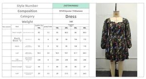 Detailed size chart for floral square neck dress with tiered skirt and puff sleeves