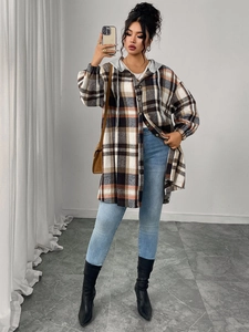 Detail of plaid hooded jacket with drop shoulder design and adjustable grey drawstrings