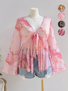 Detail showing various printed patterns including pink marble and floral options for women's tops