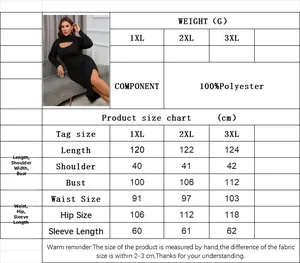Detailed size guide for plus size hollow out split dress showing dimensions in cm