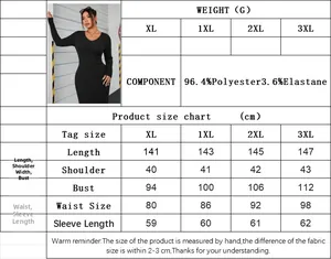 Size chart for plus size slim fit long sleeve dress with fabric composition details