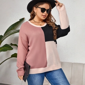 Women's crew neck sweater with color block patchwork in pink, black and beige