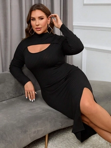 Sexy black plus size cutout long sleeve dress with waist tie and side split design