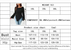 Detailed size chart for plus-size long sleeve top with polyester and elastane fabric info
