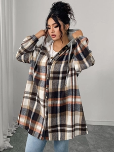 Detail of hooded plaid jacket with gray drawstring hood and button-down front closure