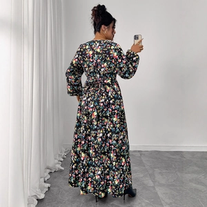 Floral print V-neck long sleeve maxi dress in black with flattering high waist