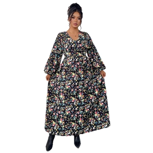 Floral V-neck maxi dress with long puff sleeves and a high waist slimming silhouette