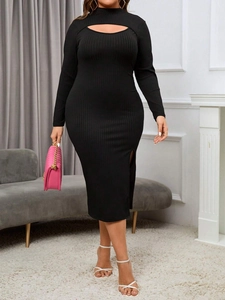 Elegant black rib-knit long sleeve dress featuring a cutout neckline and high slit hem