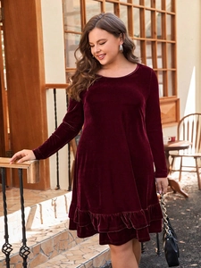 Abito In Velluto Bordeaux Taglie Forti Elegante Manica Lunga Girocollo Orlo Con Volant Vestibilità Larga Linea A Per Donna