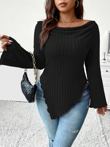 Plus Size Women Off Shoulder Ribbed Knit Top Sexy Asymmetric Hem Long Sleeve Solid Black Casual Slim Fit T-Shirt Blouse