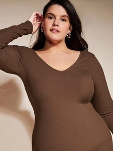 Brown V-neck long sleeve dress with ribbed texture and slim fit design for women