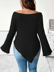 Black off-shoulder plus size long sleeve top with bell sleeves and irregular hemline