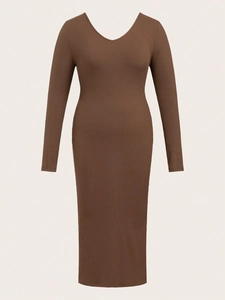 Slim fit dark brown ribbed midi dress with deep V-neck and long sleeves for women