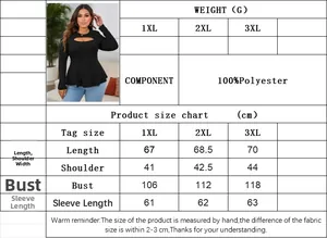 Detailed size chart for elegant plus size women's long sleeve top in black polyester