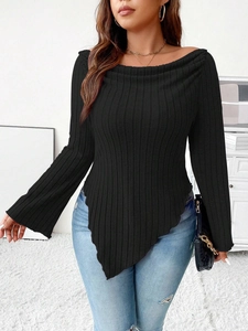 Slim fit black off-shoulder long sleeve top with irregular handkerchief hem design