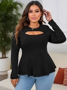 Plus Size Women's Elegant Long Sleeve Round Neck Cut-out Peplum Top Ribbed Knit Slim Fit Solid Color T-shirt Daily Wear