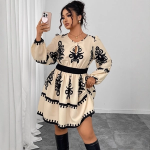 Beige high-waist long-sleeve dress with black floral embroidery and bubble sleeves